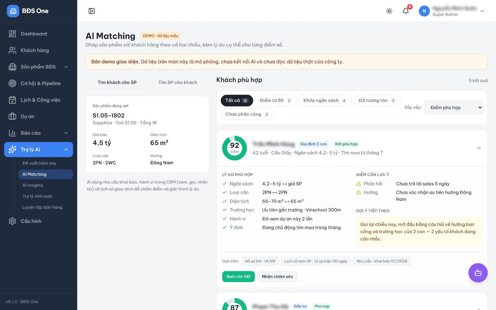 AI Matching tìm khách phù hợp cho căn S1.05-1802: điểm phù hợp, lý do khớp và điểm cần lưu ý, tên khách đã làm mờ