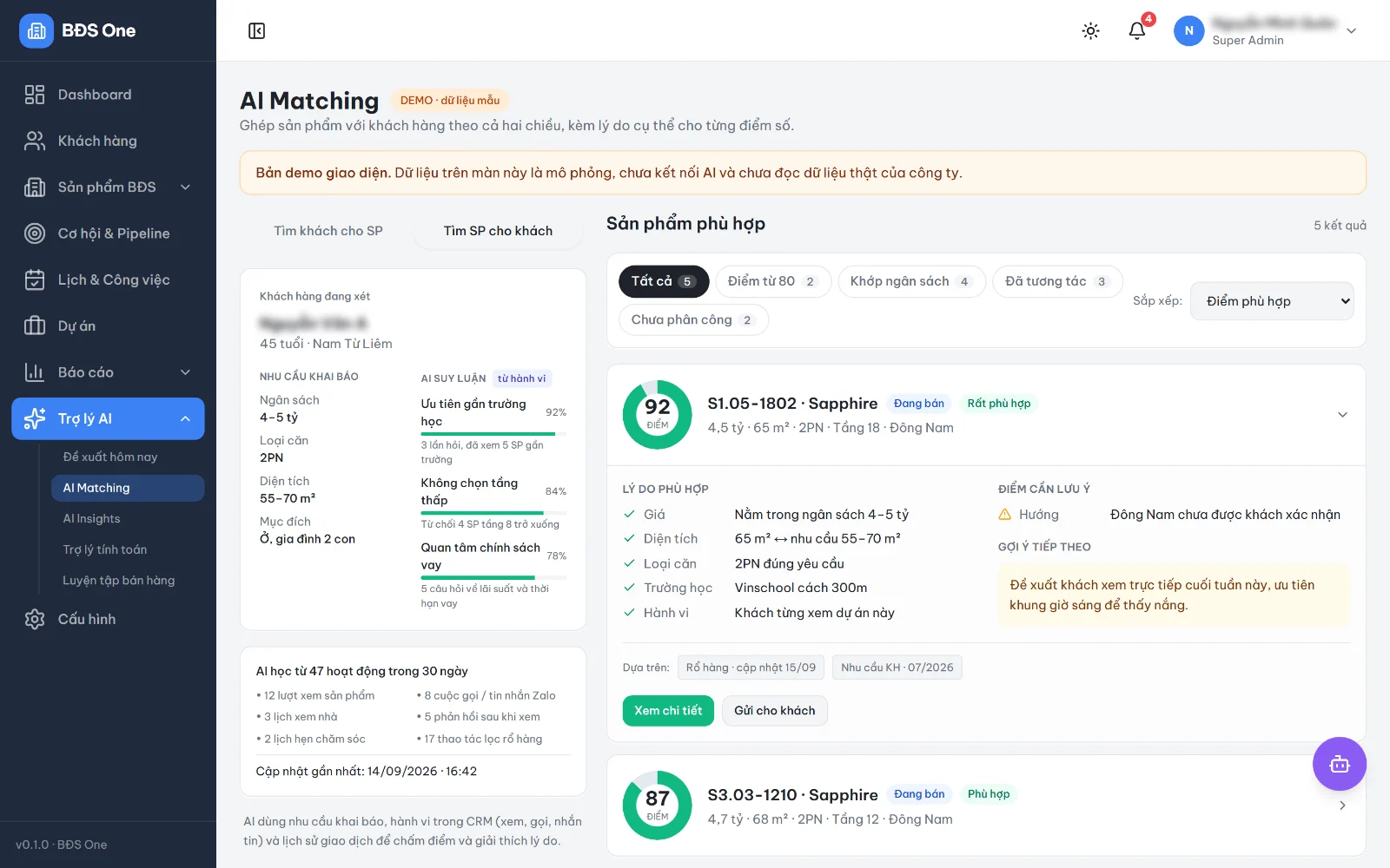 AI Matching gợi ý căn phù hợp cho khách, kèm lý do khớp và điểm cần lưu ý